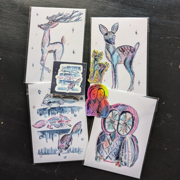 Greeting Card and Sticker Set: Wintery Magical Animals - Picture 1 of 10